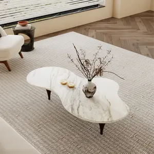 55“ Modern Glossy Sintered Stone Coffee Table with 3 Carbon Wood Legs, White Living Room Table Furniture Luxury