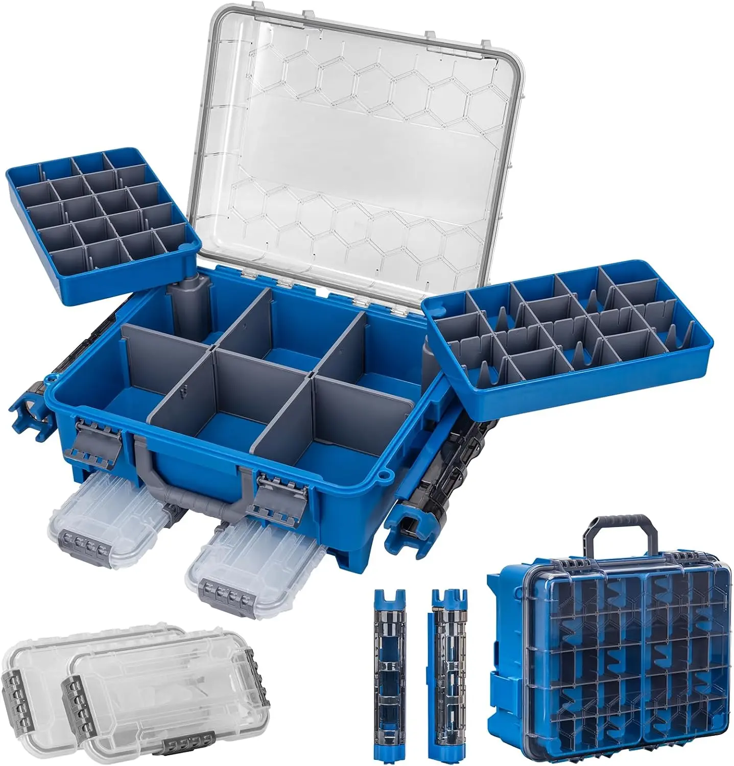 THKFISH Large Capacity Floating Tackle Box - Double-Layer Waterproof Storage Case with 2 x 3500 Stowaway Boxes, 23 Dividers, Portable Fishing Gear Organizer for Lures,Hooks,Reels,Tools, Kayak/Boat Essential