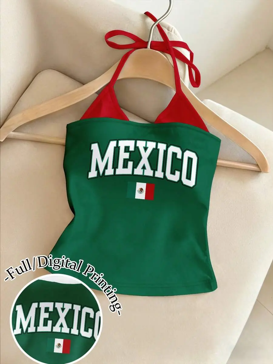 BODYGOLD Y2K Mexico Print Casual Halter Neck Camisole 2 In 1 Tube Top Soccer Fan Tees