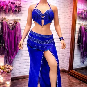 Women's Cabaret-Style Blue Fringed Beaded Belly Dance Costume Set - Elegant Performance Wear with Accessories, Elegance