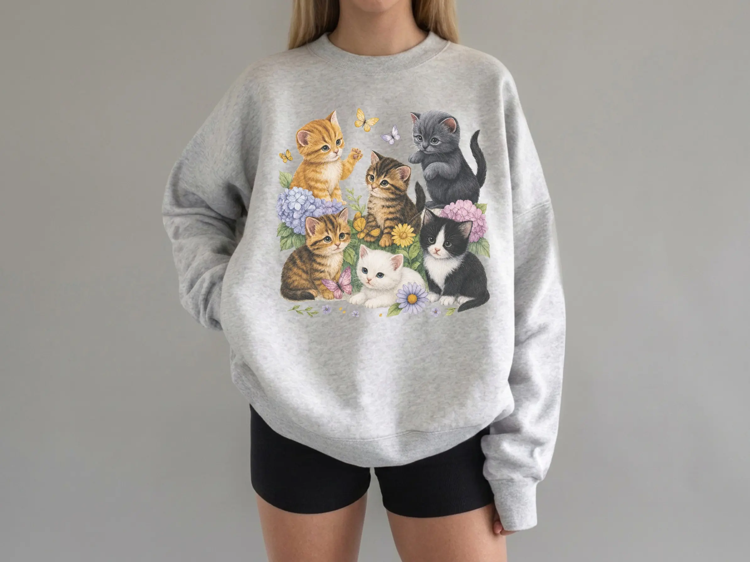 Retro Kitten Sweatshirt , 90s Vintage Cute Cats Pullover, Boho Unisex Floral Cat Butterfly Graphic Crewneck, Retro Animal Top 12671417079_1M