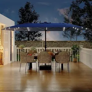 Gaomon 15 ft Rectangular Polyester Fabric Patio Umbrella with Included Base - Crank Lift, 36 LED Lights, UV Shield, Large Shade for Outdoor Backyard, Deck, Navy Blue