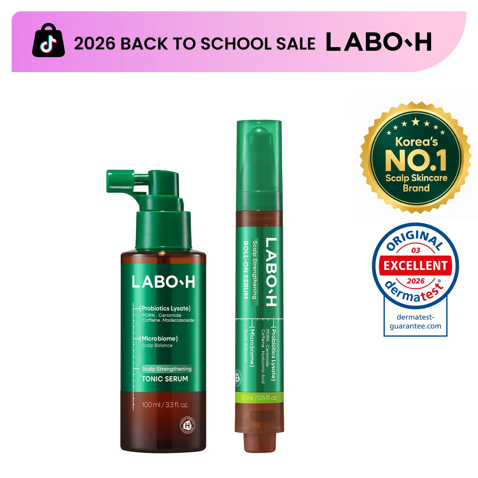 LABO-H Dual Serum Duo | Cooling Scalp Tonic and PDRN Roll-On Serum | Daily Leave-On Hair Loss Routine Set | Korean Haircare