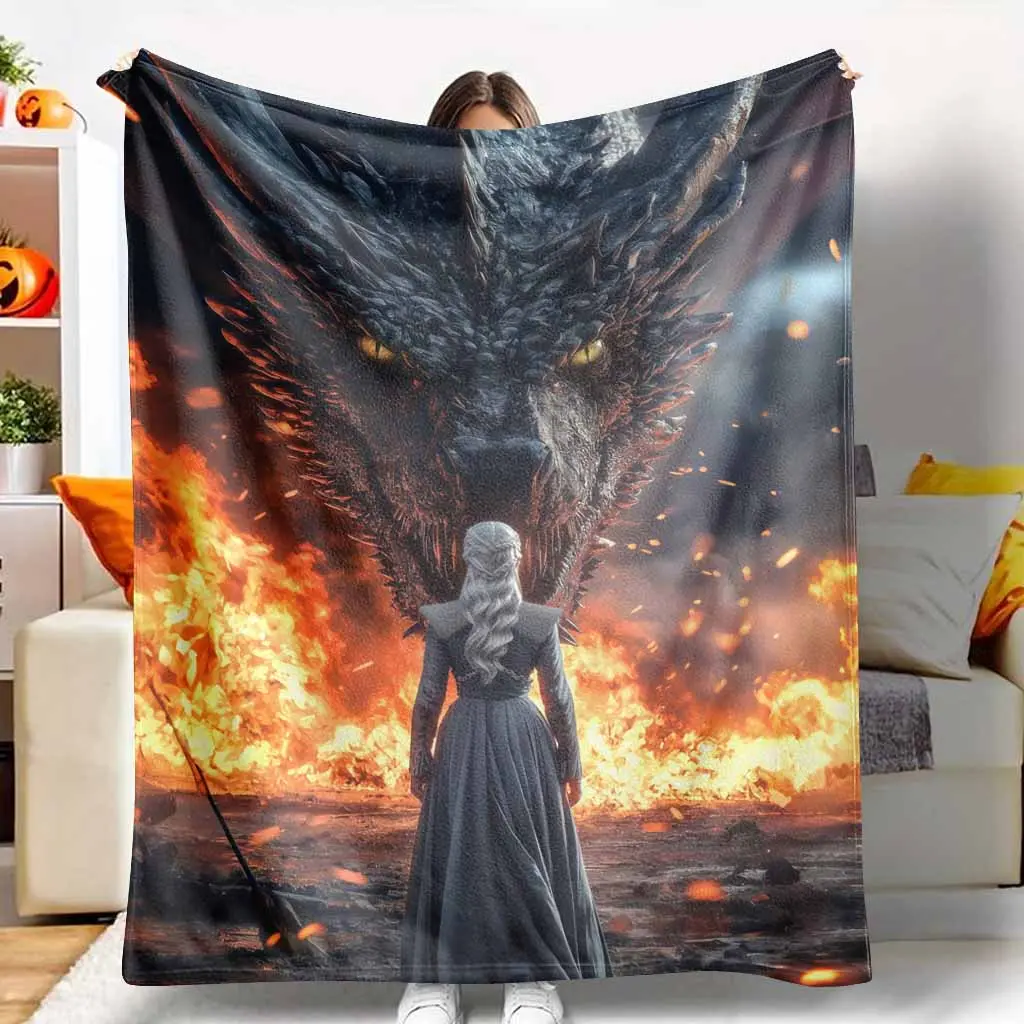 Flannel Blanket - Fire and Battle Print, Wrinkle Resistant, Breathable, Ultra Soft Warm Cozy Throw, Fantasy-Themed, Dragon Graphic, Fairytale Designs, Ideal for Bedroom Decor, Gifts for Fantasy Lovers, TikTokshopspringglowup, Fantasy-Themed Blankets