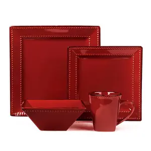 Lorenzo Import LH505 16 Piece Square Beaded Stoneware Dinnerware Set, Red