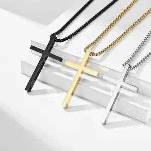 Cross Necklace for Men, Silvery Black Golden Stainless Steel Basic Versatile Cross Pendant Necklace for Men Box Chain men's decorations