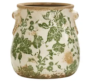 Nearly Natural 6.5" Tuscan Ceramic Green ScrollPlanter - Compact Ceramic Vase for Small Spaces & Plant Lovers