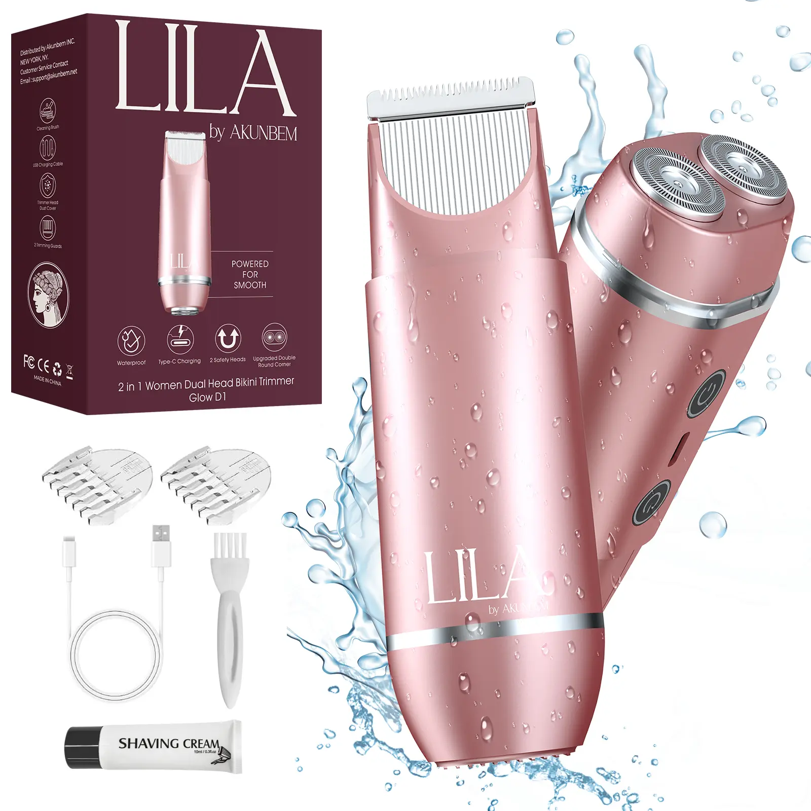 Akunbem 2 in 1 Women's Electric Shaver Dual Head Bikini Trimmer IPX7 Waterproof Wet Dry Use Body Hair Trimmer Facial Hair Remover for Bikini Underarm Leg Arm Body Face