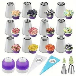 27pcs Cake Decorating Kit, Stainless Steel Baking Tools, 12 Icing Tips, 2 Leaf Tips, 2 Nozzle Adapters, Reusable Blue Piping Bag