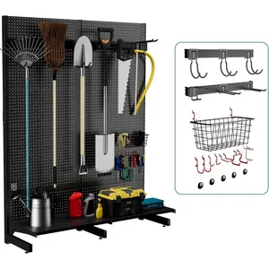 Garage Pegboard Tool Organizer Free Standing, Organizer Storage Rack with 21 Pegboard Storage Set Max 300 lbs Super Heavy Duty Garden Tool Hanger Rack for Ski Gears, Broom, Shovel Yard Tools