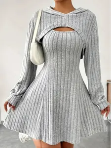 Women's Short Hooded Long Sleeve Dress Set, Basic Casual Daily Everyday Wear, Perfect for Travel & Vacation, Stylish Women's Clothing, Womenswear