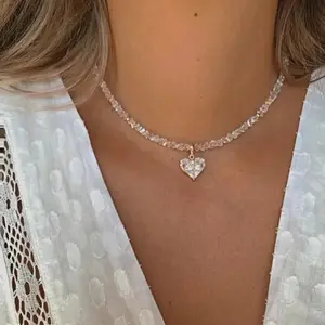Women's Handmade Heart Zircon Clavicular Necklace - Stainless Steel Crystal Necklaces with Bling Crystal Beads, Hypoallergenic Embedded Stones Expressive Jewelry, Ideal for Everyday Wear & Date Night Gift, Bling Necklaces