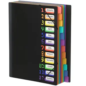 Colorful Label A4 Folder with Month Dividers, Durable Plastic Document Organizer for School Office Home, Sturdy Cover with Calendar System