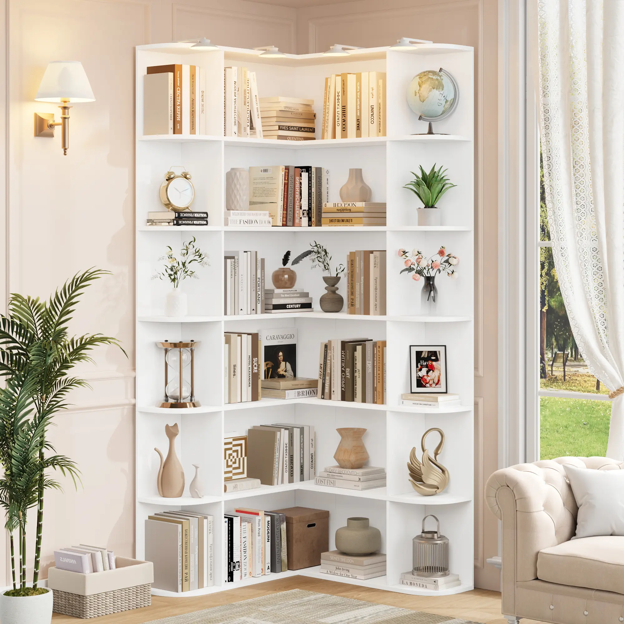 FOTOSOK 74'' Tall Corner Bookshelf, 6-Tier Bookshelf and Bookcase with Open Storage, L Shaped Tall Corner Bookshelf 6-Tier Bookcases Wooden Storage Shelves for Home Office,  #Summervibes