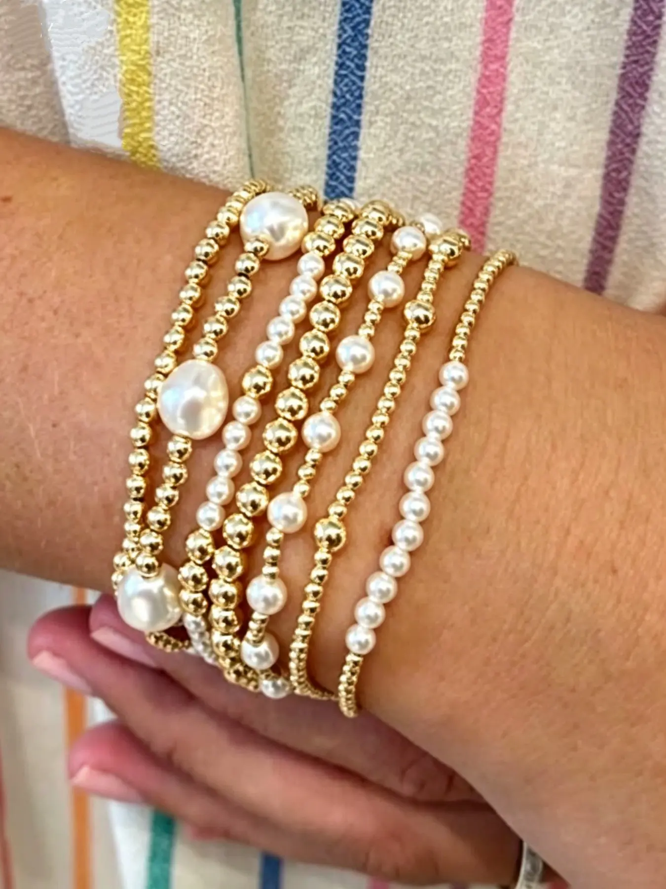 7pcs Fashion Ccb Gold Bead Artificial Pearl Multi-Layer Elastic Bracelet Set, Layered Bracelet Set, Beaded Bracelet Sets Stackable Women's Bracelets for Daily, Vacation, Party Accessories