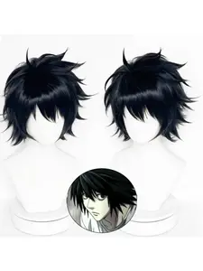 Death Note L Lawliet Al Rolette Cosplay Wig, Reverse Curl Anime Style Short Hair, Synthetic Fiber for Live Shows, Comic Book Look