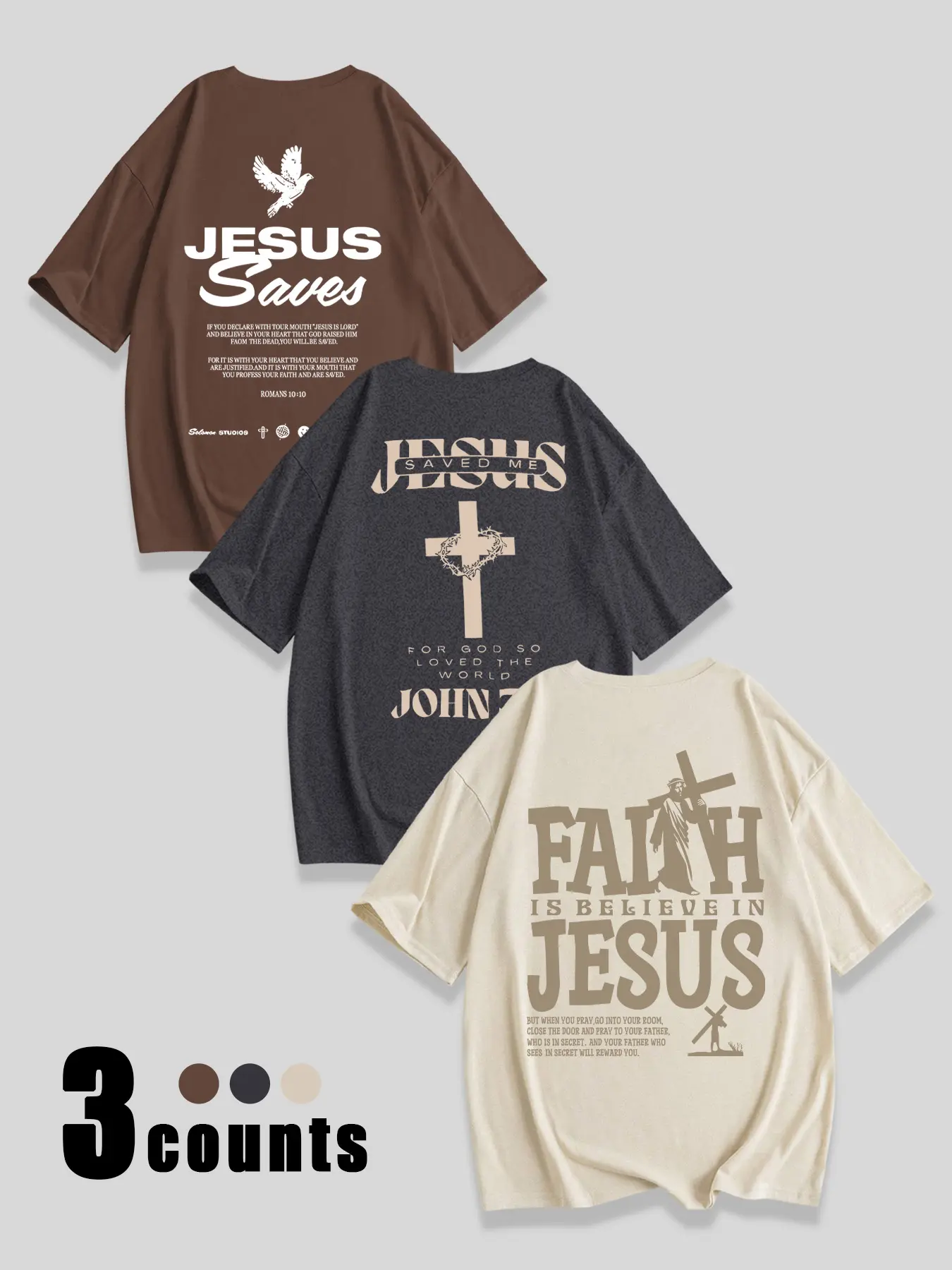 Breathable Casual Loose-Fit Round Neck T-Shirt, Tops, 'save Jesus' Print, Perfect Christian Clothing for Girls, Daily Wear, Pack of 3