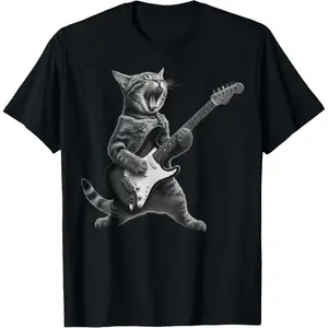 Cat Playing Guitar Rock Star Rock and Roll For Men Kid T-Shirt Vintage Designer Oversized T-Shirt fashion round neck Men's Cotton Casual T-Shirts graphic tees