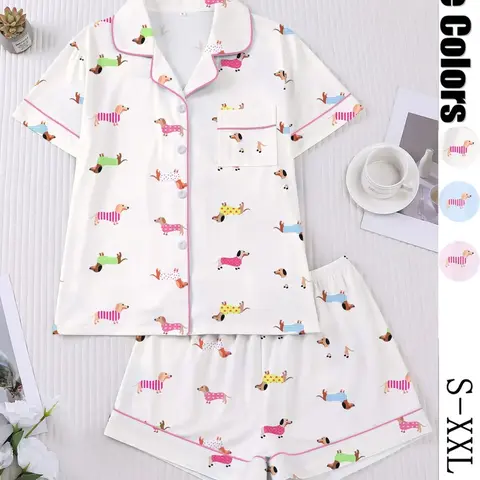 Women's Cartoon Dog Print Sleepwear Set, Casual Fitted Short Sleeve Top & Elastic Shorts, Comfortable Home Wear for Spring & Summer, Pajama Set, Soft Sleepwear & Loungewear, Loungewear Outfit, Lounge Pjs Set