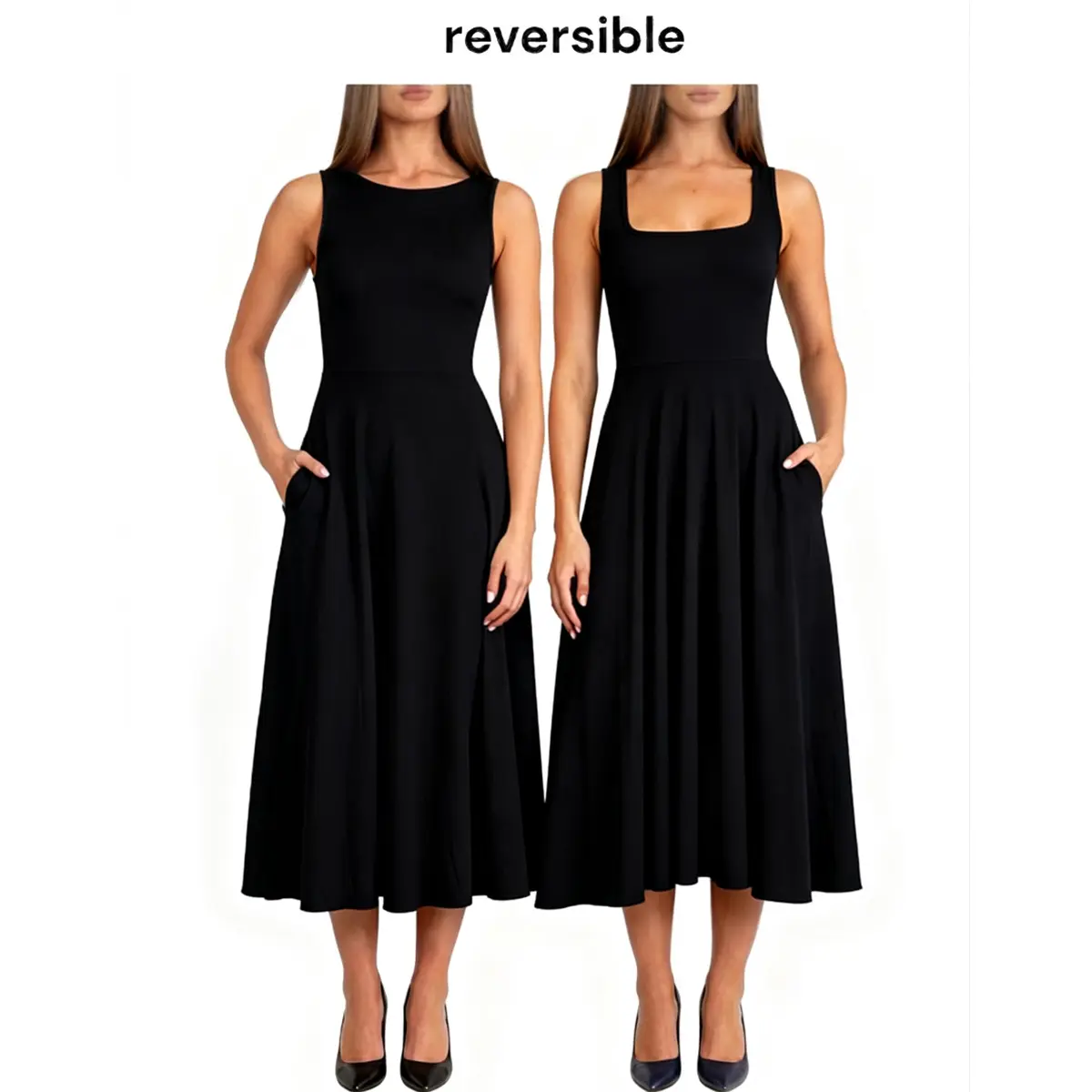 OYS Women's Summer Casuale Square Neck Sleeveless A Line 2 Ways Wear Fit and Flare Wedding Guest Cocktail Party Midi Dress