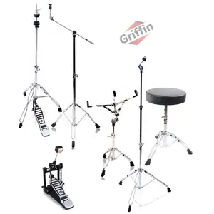 Complete Drum Hardware Pack 6 Piece Set by GRIFFIN | Full Size Percussion Stand Kit with Snare, Hi-Hat, Cymbal Boom, Throne Stool & Single Kick Drum Pedal | Lightweight and Portable, Perfect for Gigs