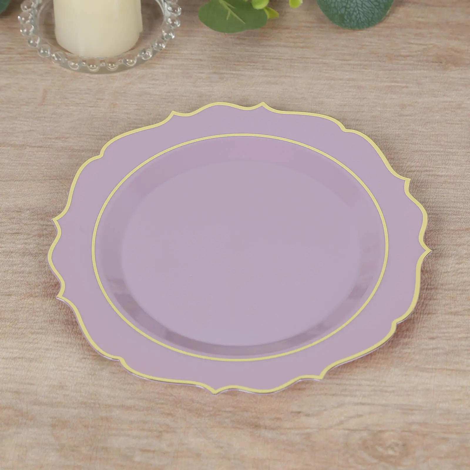 Elegant Plastic Disposable 8-Inch Round Dessert Plates - 10-Pack Lavender Lilac with Gold Scalloped Rim, Glamorous Party Plates, Wedding Appetizer Use, Home & Party Supplies, Not Microwave/Dishwasher Safe, Elegant Plastic Plates