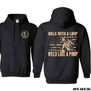 🔥[Vintage Oversized Hoodie & Tee] Weld Like a Pimp Hoodie Bold Welding Graphic American Flag Sweatshirt Funny Blue-Collar Workwear Pullover Unisex Streetwear Oversized Hoodie for Men and Women Gift for Welders Trades Fans