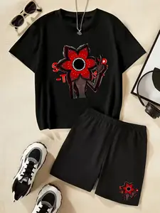 "Stranger Things" "S-T" Flower Monster Printed T-Shirt Set, A Trendy Children's Short-Sleeved Short-Pants Two-Piece Outfit, Featuring Unique, Casual, Fashionable And Comfortable Style, Perfect For Daily Wear And An Excellent Gift Choice. Tops
