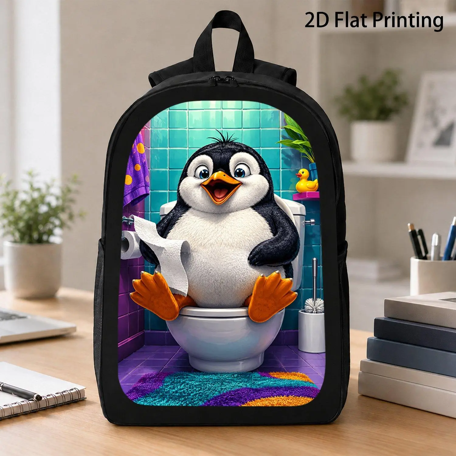 17 Inch Backpack 1pc Funny Animal Print Adorable Penguin On Toilet With Tissue Casual Fashion Laptop Backpack For Teen Teenagers Use
