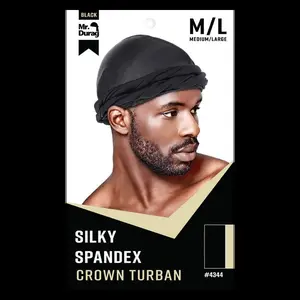 Mr. Durag #4344 Silky Spandex Crown Turban M/L Black Hair Bonnet Beanie Fitted Comfortable Stylish Stretchy Material