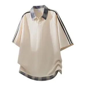 Men’s Short-Sleeve Polo Shirt for Spring/Summer — Loose Fit, Casual, Breathable, Versatile, Patchwork Plaid & Striped Design; Unisex Style