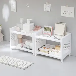 1PC PP Desktop Double Layer Storage Rack Rectangular White Organizing Student Desk Office Cosmetics Stationery Organiser Boxes