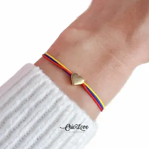 Colombian Pride Bracelet – Yellow, Blue & Red Adjustable Nylon Bracelet with 18K Gold Plated Heart | Handmade Patriotic Gift
