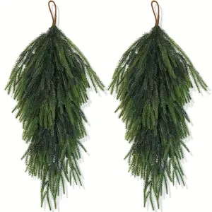 2pcs 26.4 Inch Artificial Christmas Garland with Water Drop & Pine Needle Design - Dark Green Norfolk Green Faux Evergreen Branches, Farmhouse Style Indoor/Outdoor Door Decorations for Xmas, Thanksgiving, New Year - Durable Plastic, No Maintenance, Easy t