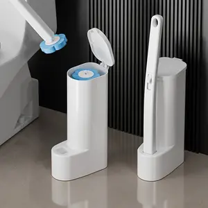 Disposable Toilet Brush with 12 Replacement Heads and Holder, Plastic Bathroom Cleaning Set, Bathroom Cleaning Tool with Soft Bristles, No-Dead-Angle, Base Included, Hangable Design, for Efficient Decontamination