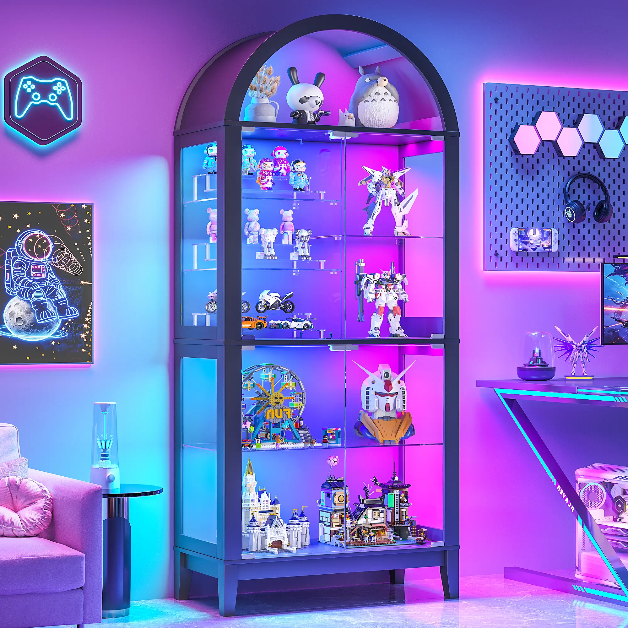 Lvifur Curio Cabinet with Glass Doors & RGB Lights with APP Control Arched DisplaLvifur Cabinet, Human Sensor Lights, 8-Tiers Shelves, 5 Dynamic & 7 Static Lighting Modes, 4mm Tempered Glass Doors