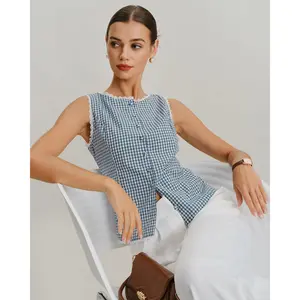 Rihoas Women's Fitted Blue Plaid Boat Neck Sleeveless Polyester Tank Top - Contrast Tie Detail, Casual Clothes, for Daily Use