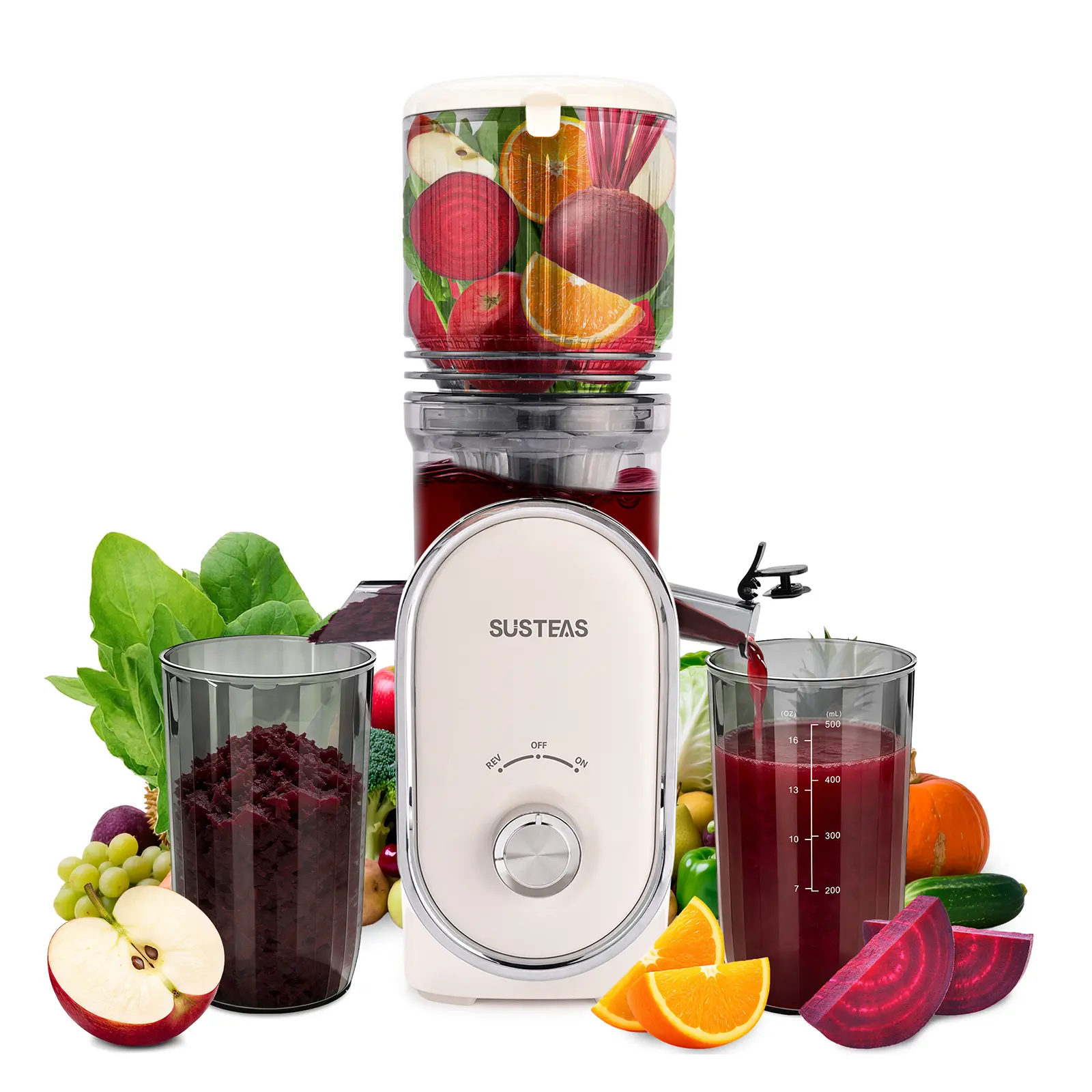 SUSTEAS 5.3" XL Cold Press Portable Juicer Machine - Whole Fruit Juicer for Fruit & Vegetable Lovers, Easy Assembly, Filter Technology, No Pre-Cutting, High Nutrition Extraction & Juice Yield, Included Blender Cups