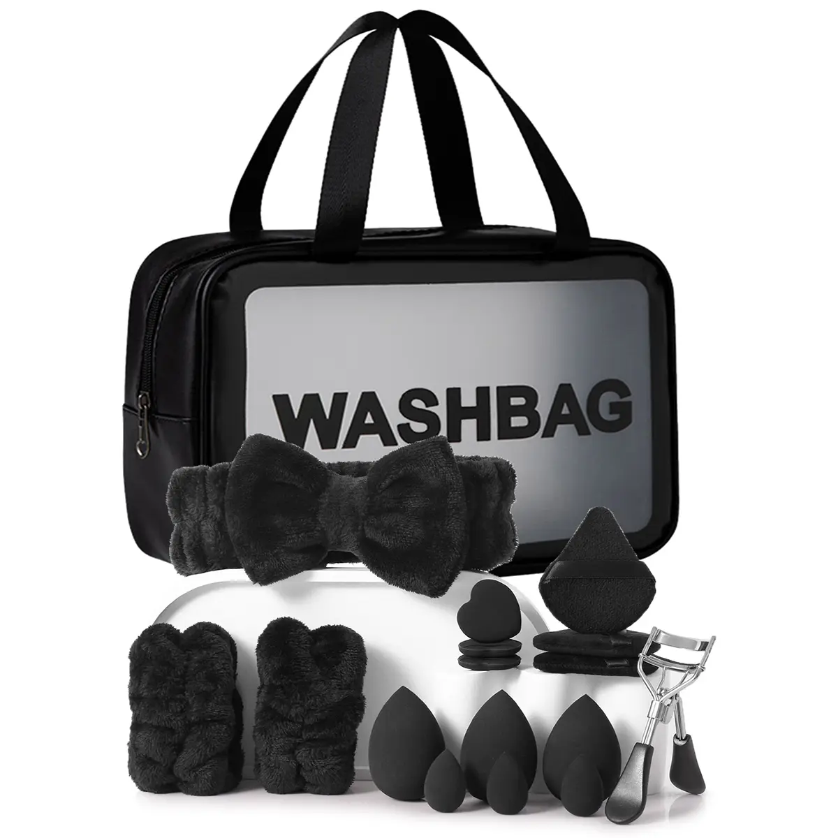 Black Hanging Clear Wash Bag Makeup Travel Bundle, Headband+Wristbands+Beauty Sponges+Powder Puffs+Eyelash Curler Portable Cosmetic Organizer Set，Complete Skincare Makeup Travel Set for Women Teen Girls Daily Business Trip Vacation