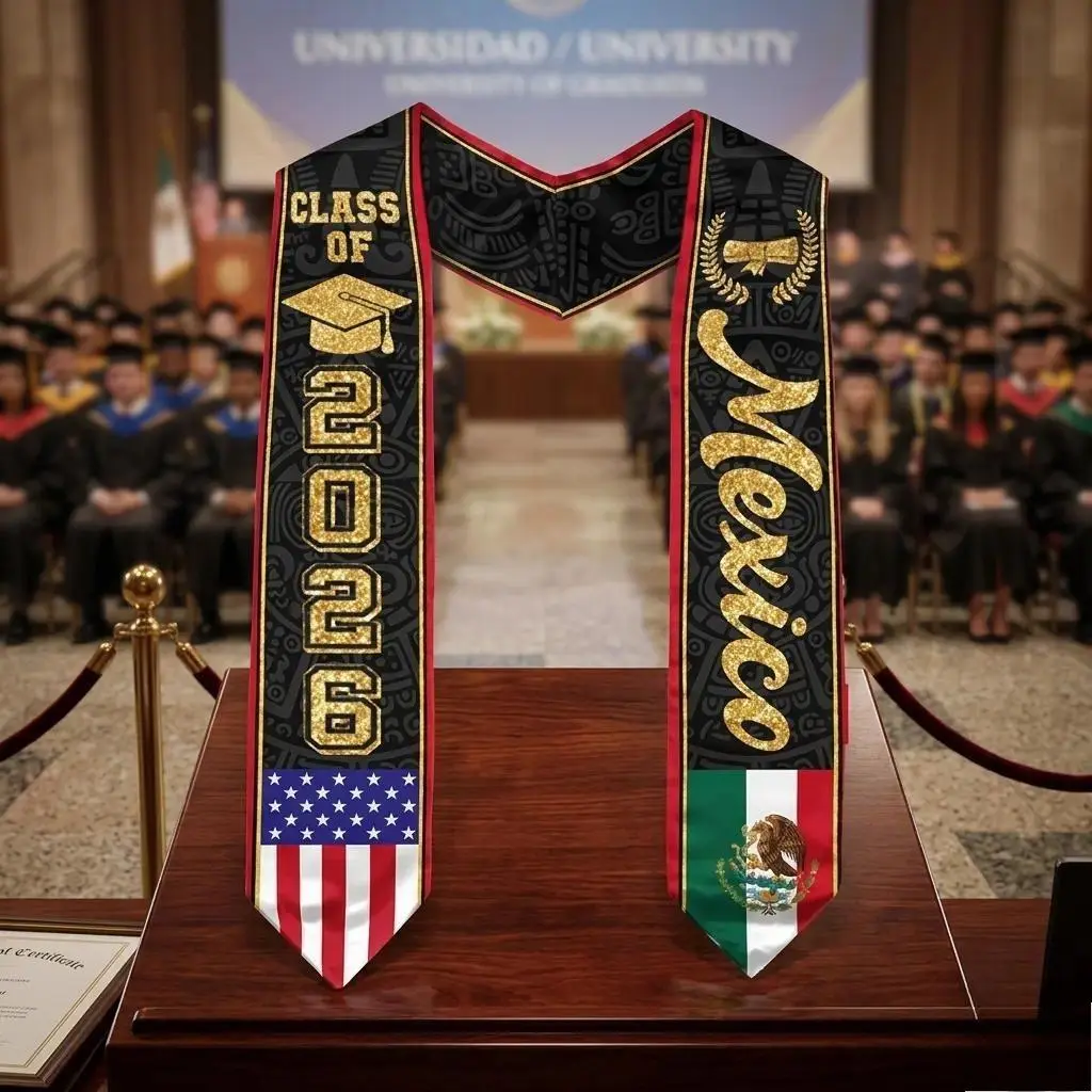 EastJia 2026 Elegant Graphic Mexican-Mexican American Flag Graduation Stole Sash, Unisex Polyester 5.0x78in (S/L Sizes) - Soft, Comfortable, Lightweight, Breathable, Reusable, Machine Washable Party Accessory Gift for Graduates (L-78*5in)