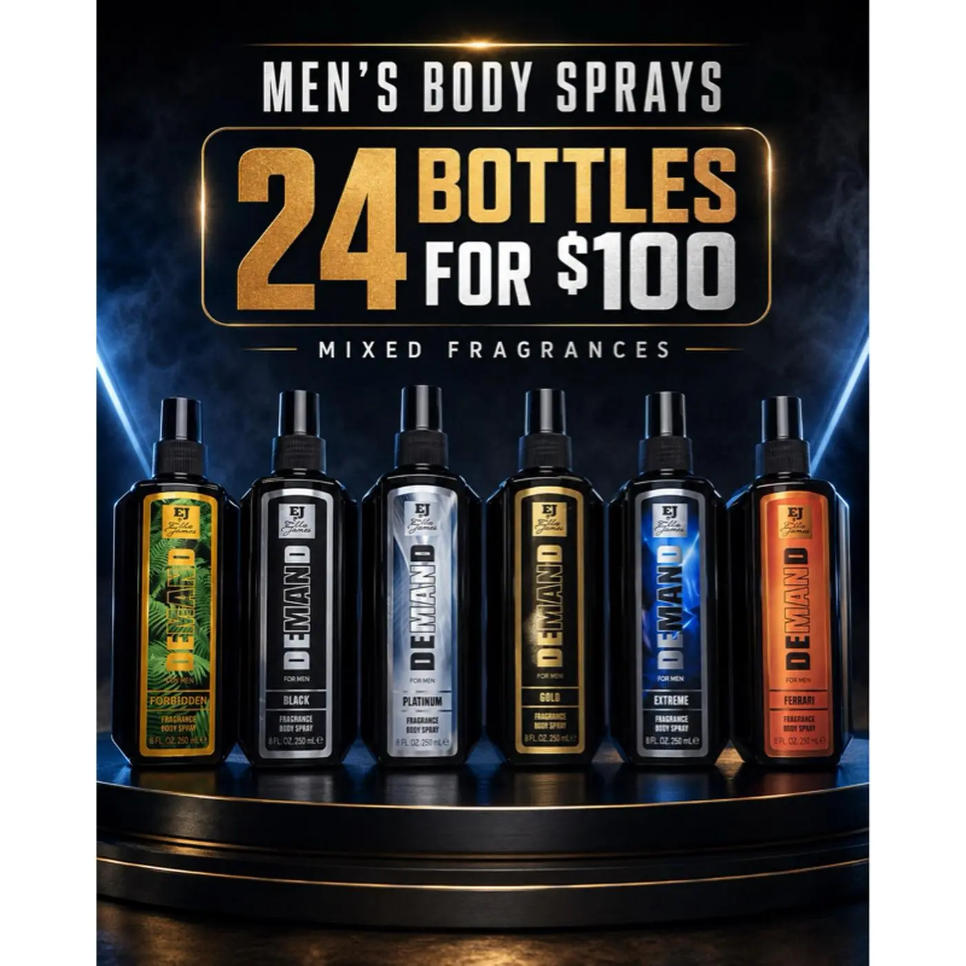 Men's Alcohol-Free Body Sprays, 24-Bottle Mixed Scents Variety Pack (250ml Each) for Adults, $100 Demand Bundle