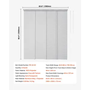 VEVOR Panel Track Blinds, Extendable Track from 45.8 in to 86 in W, Trimmable Panel Curtains Up to 96 in H, Adjustable Vertical Panel Blinds for Sliding Doors, Patio Doors, Room Divider, Window, Gray