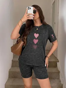 Plus Size Women's 2-Piece Set, Portrait Print, Vintage Distressed Short Sleeve & Shorts, Versatile Casual Home & Outdoor Summer Outfit
