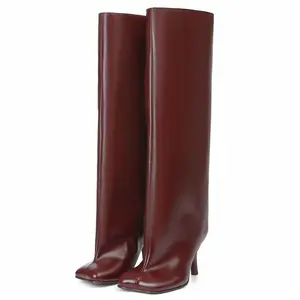EROCALLI Women's Knee High Boots Nude Suede Wide Calf Stiletto Long Booties Square Toe Pull On High Heel Riding Boots for Women Ladies Fahion Dress Tall Boots