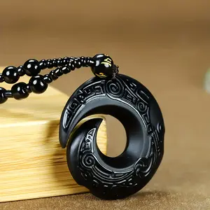 1 piece of obsidian pendant, unisex lucky necklace, elegant natural gemstone design, jewelry gift men's Iced Out Cubic Zirconia Eternity Band slip chain Hip Hop Crystal Vintage Black Bead Cross Versatile Communion Rosary Adjustable CowTag Initial link
