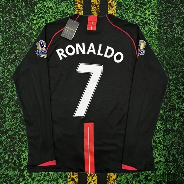 0708 Away Retro Black No.7 Ronaldo Long Sleeved Soccer Jersey