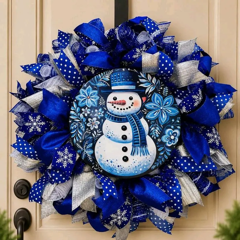 Blue Snowman Wreath, Winter Holiday Decor, Snowflake Christmas Door Hanger