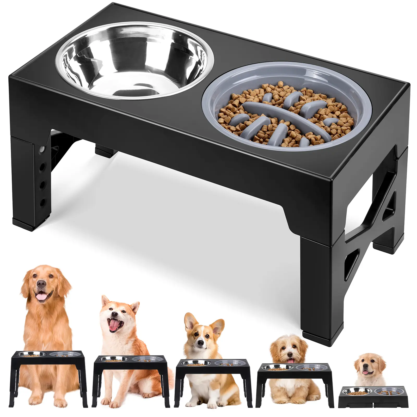 Elevated Dog Bowls, Dog Feeder With Stainless Steel Bowl & Slow Feeder Dog Bowl, 5 Heights Adjustable Raised Dog Bowls Stand, dealsforyou, summerwins, restock, dealsforyoudays, DFYD