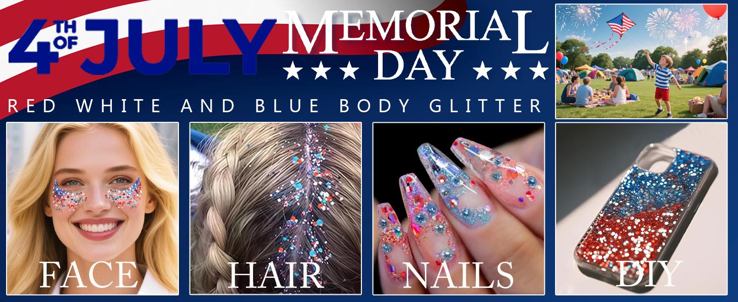Red White and Blue Star Face Glitter Stick,Waterproof Body&Hair Glitter,Patriotic USA Flag Sparkle Stick for World Soccer Game Independence Day 250 Anniversary Makeup，Outfit Accessories for Kids, for Independence Day Party, Festival & Fun Holiday Look