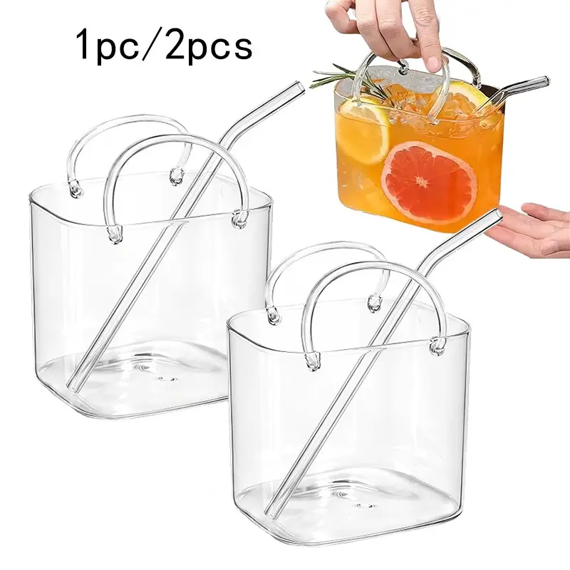 1pc/2pcs Glass Wallet Cup with Straw, Cute Handbag Shape Cocktail Glass, Unique Drink Vase, Juice Holder with Handle, Flower Vase, Fish Tank